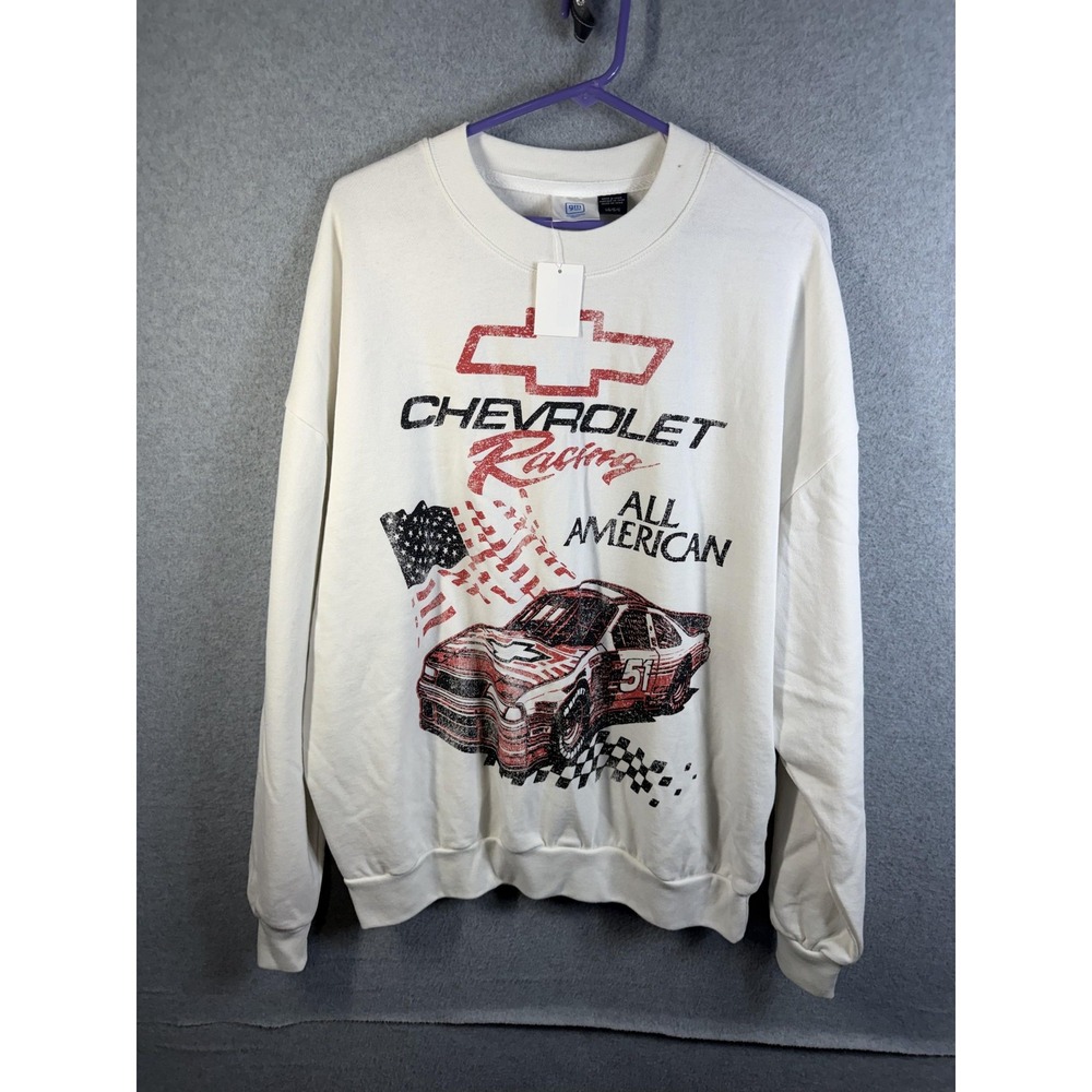 GM Chevrolet Sweatshirt Mens Large White Racing All American USA Fleece Graphic
